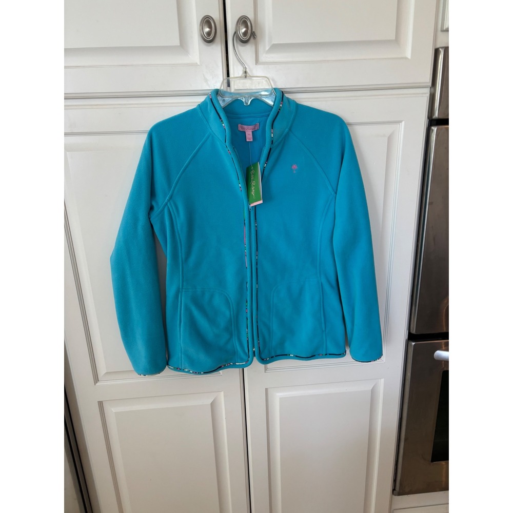 Lilly Pulitzer Penn Fleece Jacket Turquoise Blue Full Zip Palm Tree XS NWT